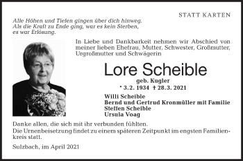 Traueranzeige von Lore Scheible von Rundschau Gaildorf