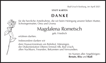 Traueranzeige von Magdalena Rometsch von Alb-Bote/Metzinger-Uracher Volksblatt