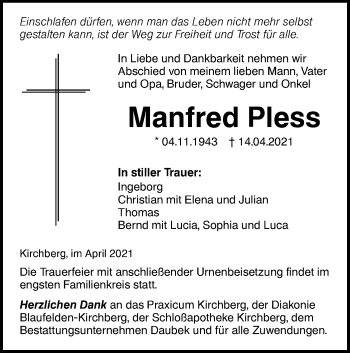 Traueranzeige von Manfred Pless von Hohenloher Tagblatt