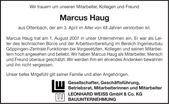 Traueranzeige von Marcus Haug von NWZ Neue Württembergische Zeitung