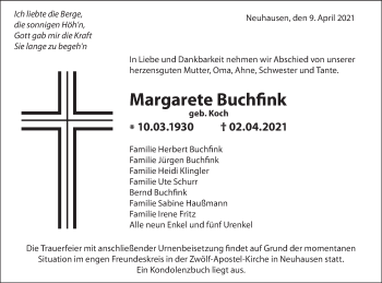 Traueranzeige von Margarete Buchfink von Metzinger-Uracher Volksblatt