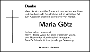 Traueranzeige von Maria Götz von Alb-Bote/Metzinger-Uracher Volksblatt