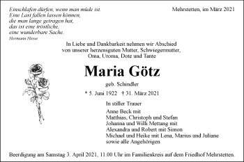 Traueranzeige von Maria Götz von Alb-Bote/Metzinger-Uracher Volksblatt