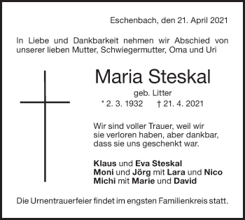 Traueranzeige von Maria Steskal von NWZ Neue Württembergische Zeitung