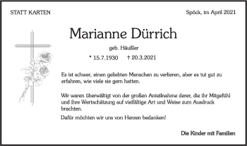 Traueranzeige von Marianne Dürrich von Rundschau Gaildorf