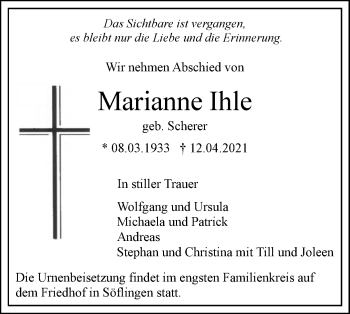 Traueranzeige von Marianne Ihle von SÜDWEST PRESSE Ausgabe Ulm/Neu-Ulm