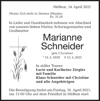 Traueranzeige von Marianne Schneider von Metzinger-Uracher Volksblatt