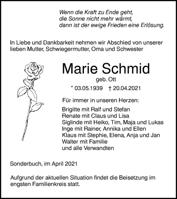 Traueranzeige von Marie Schmid von SÜDWEST PRESSE Ausgabe Ulm/Neu-Ulm