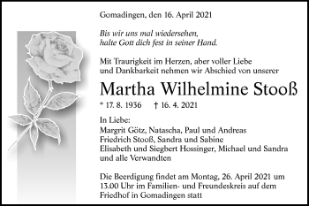 Traueranzeige von Martha Wilhelmine Stooß von Alb-Bote/Metzinger-Uracher Volksblatt