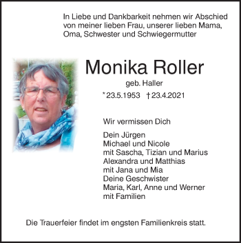 Traueranzeige von Monika Roller von Ehinger Tagblatt