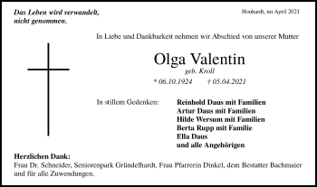 Traueranzeige von Olga Valentin von Hohenloher Tagblatt