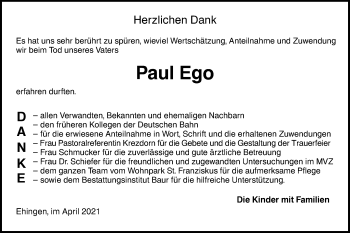 Traueranzeige von Paul Ego von Ehinger Tagblatt