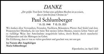 Traueranzeige von Paul Schlumberger von Hohenloher Tagblatt