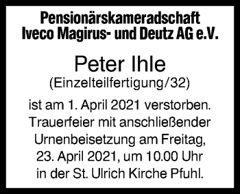 Traueranzeige von Peter Ihle von SÜDWEST PRESSE Ausgabe Ulm/Neu-Ulm