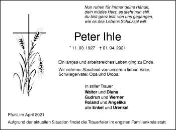 Traueranzeige von Peter Ihle von SÜDWEST PRESSE Ausgabe Ulm/Neu-Ulm