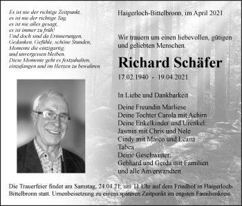 Traueranzeige von Richard Schäfer von Metzinger-Uracher Volksblatt