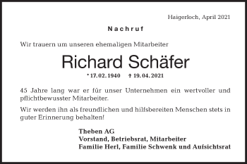 Traueranzeige von Richard Schäfer von Metzinger-Uracher Volksblatt