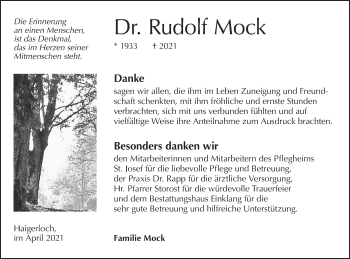 Traueranzeige von Rudolf Mock von Metzinger-Uracher Volksblatt