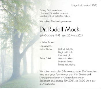 Traueranzeige von Rudolf Mock von Metzinger-Uracher Volksblatt