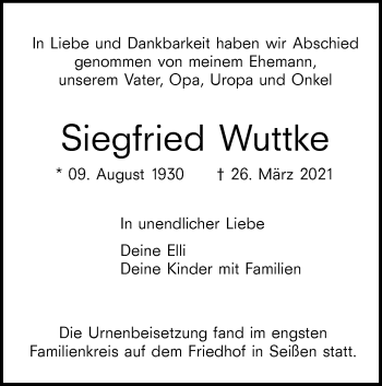 Traueranzeige von Siegfried Wuttke von SÜDWEST PRESSE