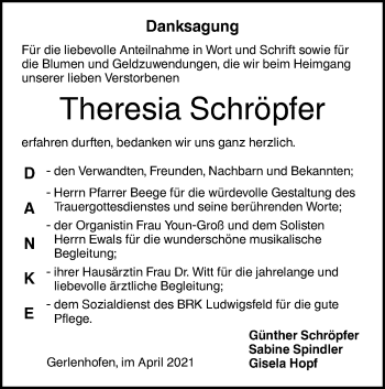 Traueranzeige von Theresia Schröpfer von SÜDWEST PRESSE Ausgabe Ulm/Neu-Ulm