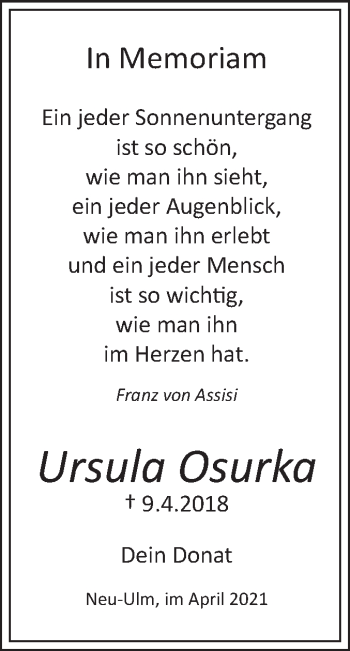 Traueranzeige von Ursula Osurka von SÜDWEST PRESSE Ausgabe Ulm/Neu-Ulm