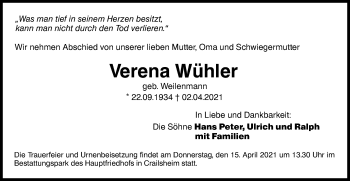 Traueranzeige von Verena Wühler von Hohenloher Tagblatt