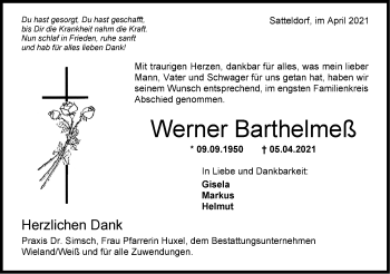 Traueranzeige von Werner Barthelmeß von Hohenloher Tagblatt