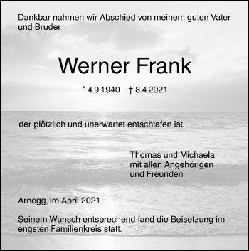 Traueranzeige von Werner Frank von SÜDWEST PRESSE Ausgabe Ulm/Neu-Ulm