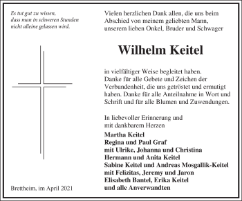 Traueranzeige von Wilhelm Keitel von Hohenloher Tagblatt