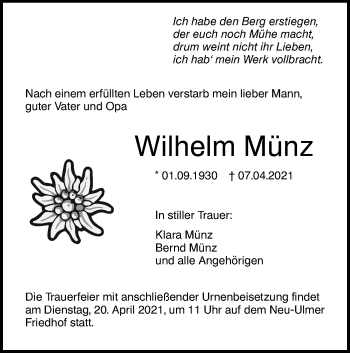 Traueranzeige von Wilhelm Münz von SÜDWEST PRESSE Ausgabe Ulm/Neu-Ulm