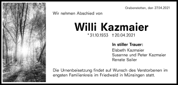 Traueranzeige von Willi Kazmaier von Alb-Bote/Metzinger-Uracher Volksblatt