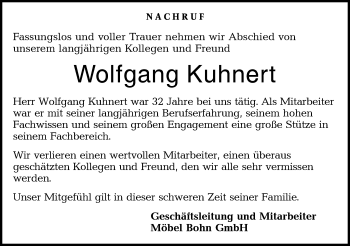 Traueranzeige von Wolfgang Kuhnert von Hohenloher Tagblatt