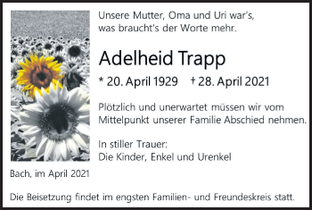 Traueranzeige von Adelheid Trapp von SÜDWEST PRESSE Ausgabe Ulm/Neu-Ulm