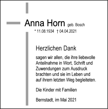 Traueranzeige von Anna Horn von SÜDWEST PRESSE Ausgabe Ulm/Neu-Ulm