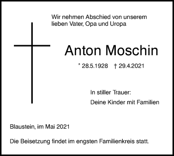 Traueranzeige von Anton Moschin von SÜDWEST PRESSE Ausgabe Ulm/Neu-Ulm