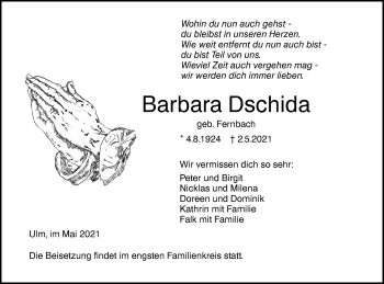 Traueranzeige von Barbara Dschida von SÜDWEST PRESSE Ausgabe Ulm/Neu-Ulm