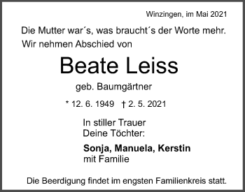 Traueranzeige von Beate Leiss von NWZ Neue Württembergische Zeitung