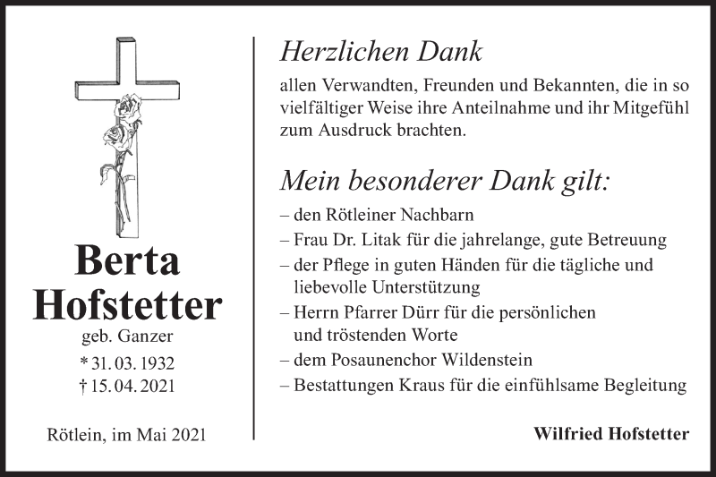  Traueranzeige für Berta Hofstetter vom 08.05.2021 aus Hohenloher Tagblatt