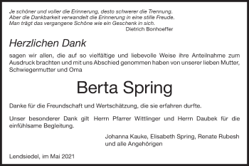 Traueranzeige von Berta Spring von Hohenloher Tagblatt