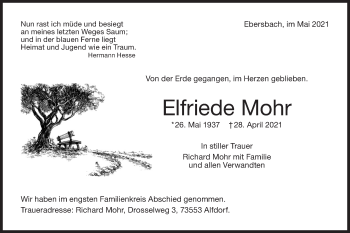 Traueranzeige von Elfriede Mohr von NWZ Neue Württembergische Zeitung