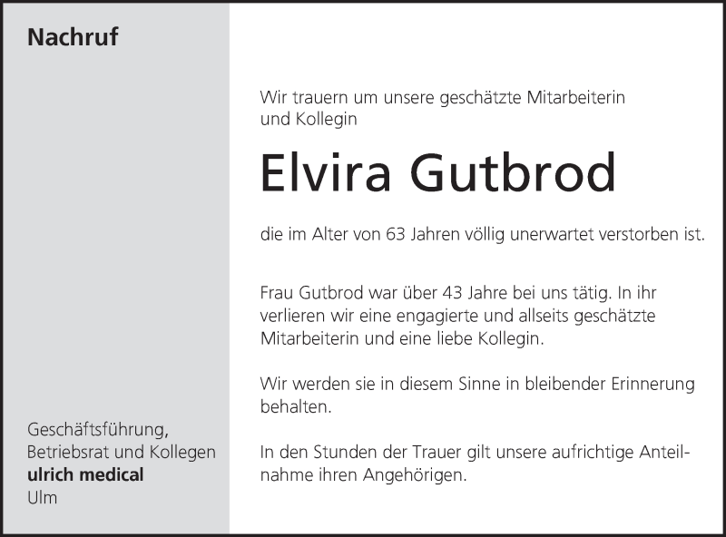  Traueranzeige für Elvira Gutbrod vom 08.05.2021 aus SÜDWEST PRESSE Ausgabe Ulm/Neu-Ulm