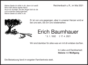 Traueranzeige von Erich Baumhauer von NWZ Neue Württembergische Zeitung