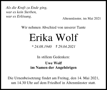 Traueranzeige von Erika Wolf von Hohenloher Tagblatt