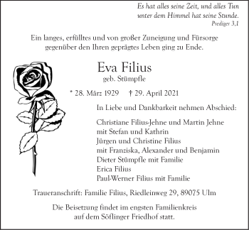 Traueranzeige von Eva Filius von SÜDWEST PRESSE Ausgabe Ulm/Neu-Ulm