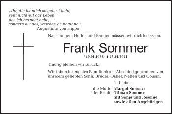 Traueranzeige von Frank Sommer von Hohenloher Tagblatt