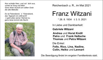 Traueranzeige von Franz Witzani von NWZ Neue Württembergische Zeitung