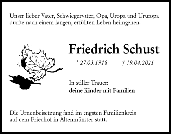 Traueranzeige von Friedrich Schust von Hohenloher Tagblatt