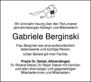 Traueranzeige von Gabriele Berginski von Ehinger Tagblatt