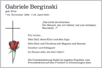 Traueranzeige von Gabriele Berginski von Ehinger Tagblatt